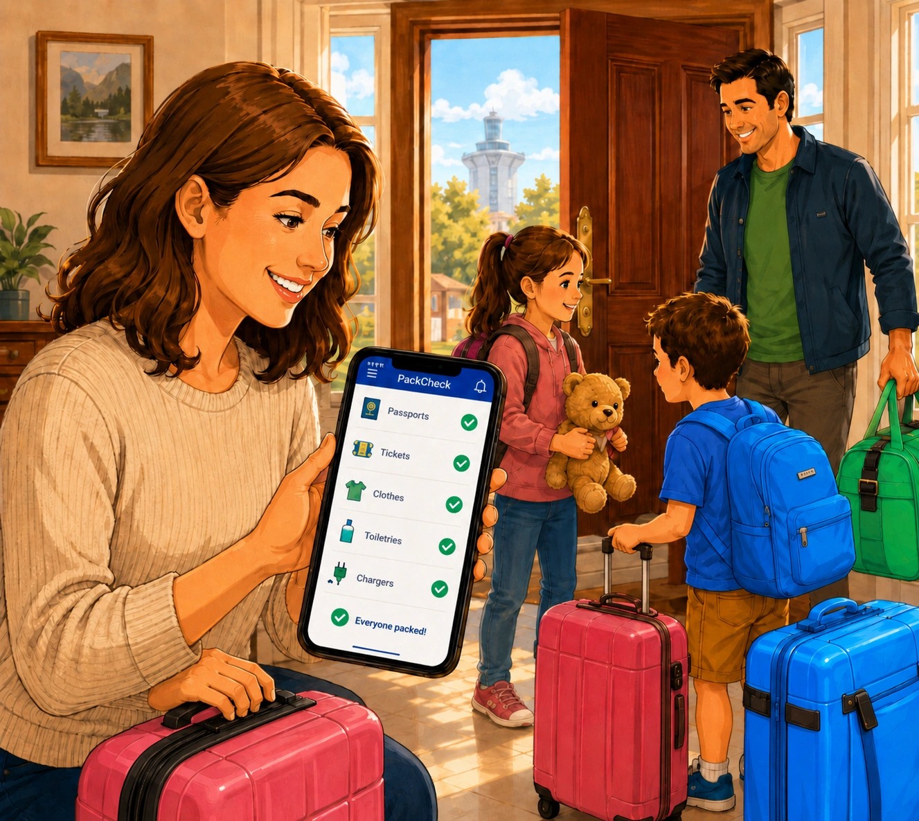 A family preparing together for a trip