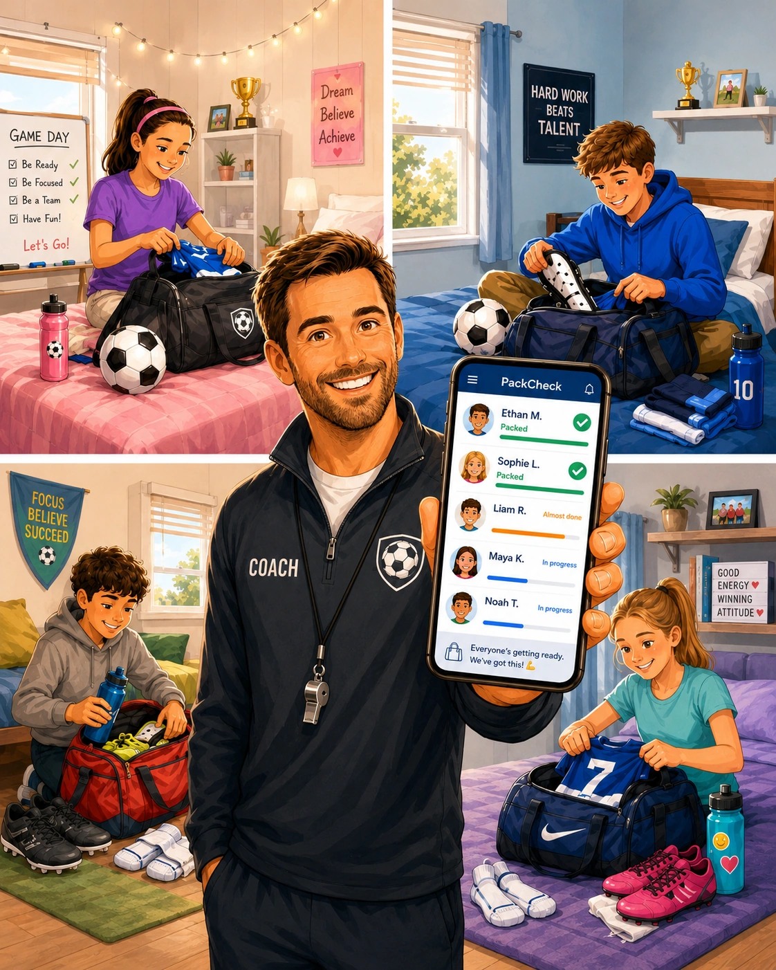 Sports team preparing equipment